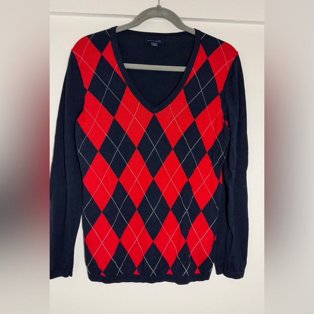 Tommy Hilfiger Womens Long Sleeve Cotton Argyle V-Neck Pullover Sweater Sz M